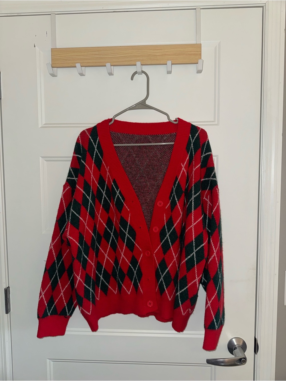 SHEIN Red and Black Argyle Button-Up Women's Cardigan